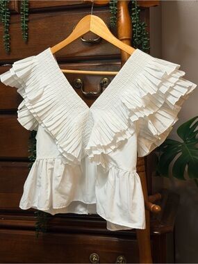 ZARA Dramatic Flutter Sleeve Smocked Ruffle Top White XS